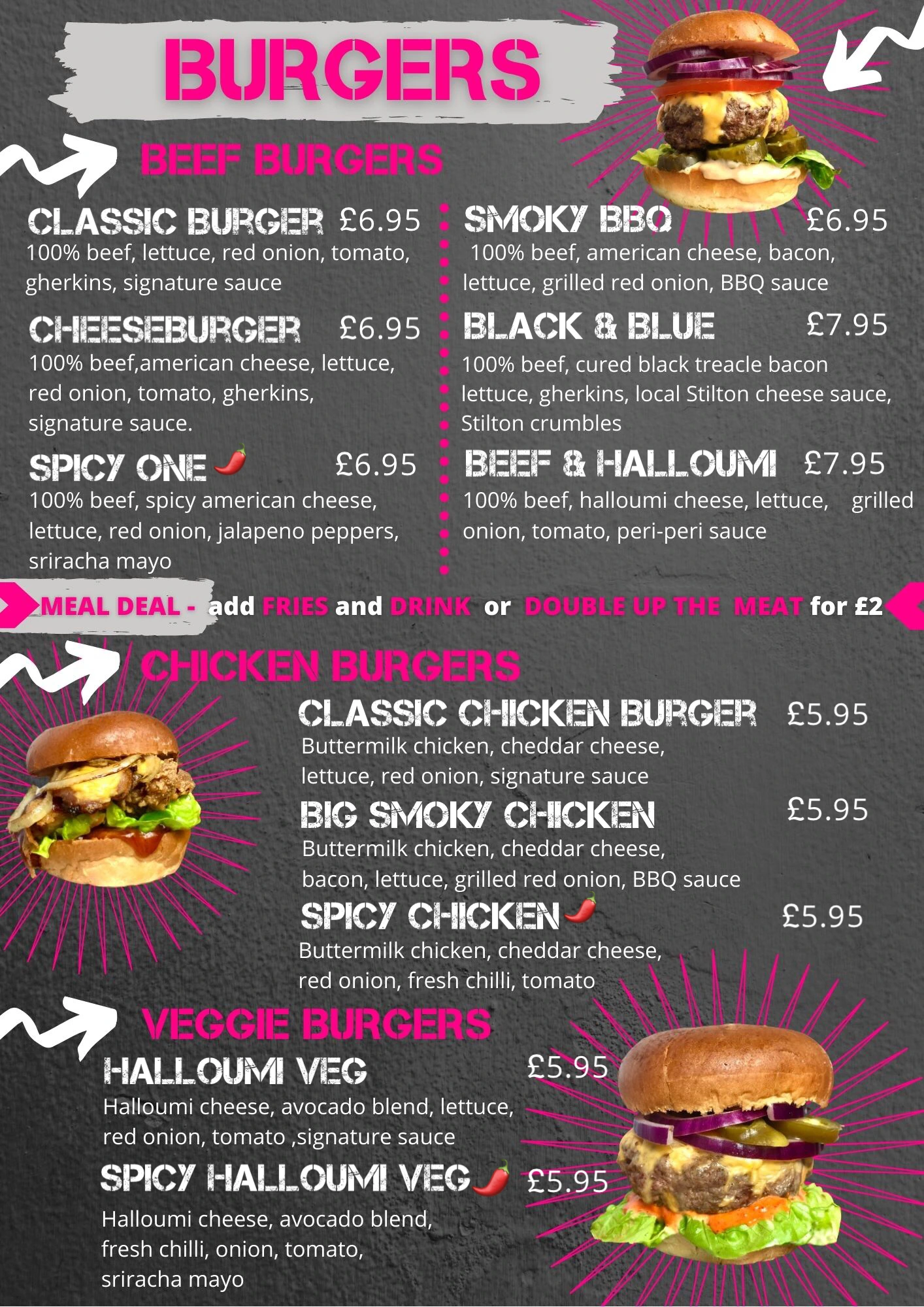 Bun Appetite burger menu with pink headings and food photographs