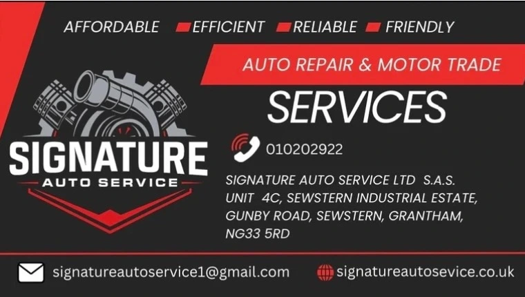Signature Auto Service business card featuring the logo and contact details